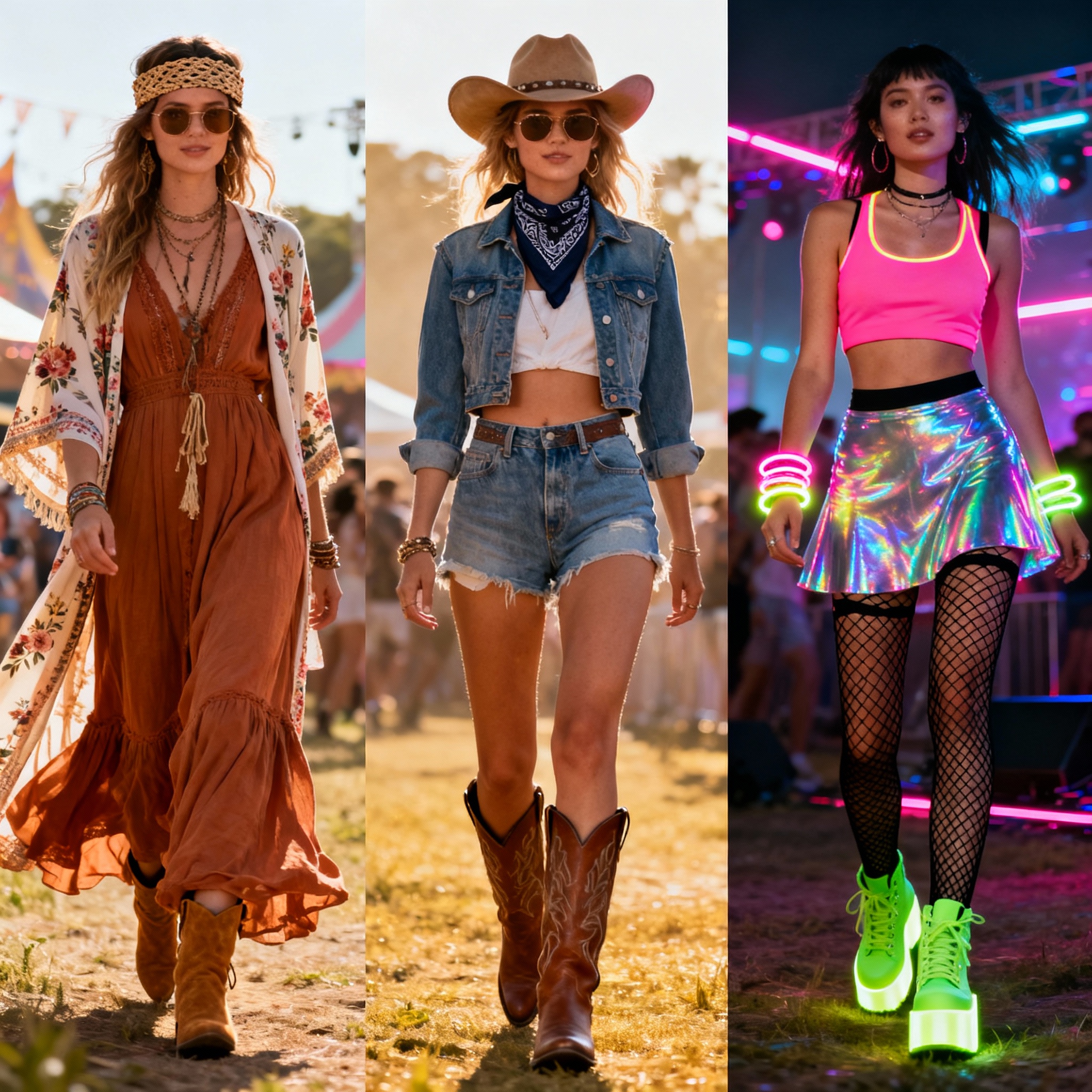 Outdoor festival scene featuring a diverse group of young adults in expressive, music-inspired outfits—think graphic tees, fringe layers, bold accessories, and textured fabrics. Set against a sunlit backdrop with a lively crowd, the image captures the vibrant, genre-blending spirit of festival fashion where individuality and rhythm-driven style collide.