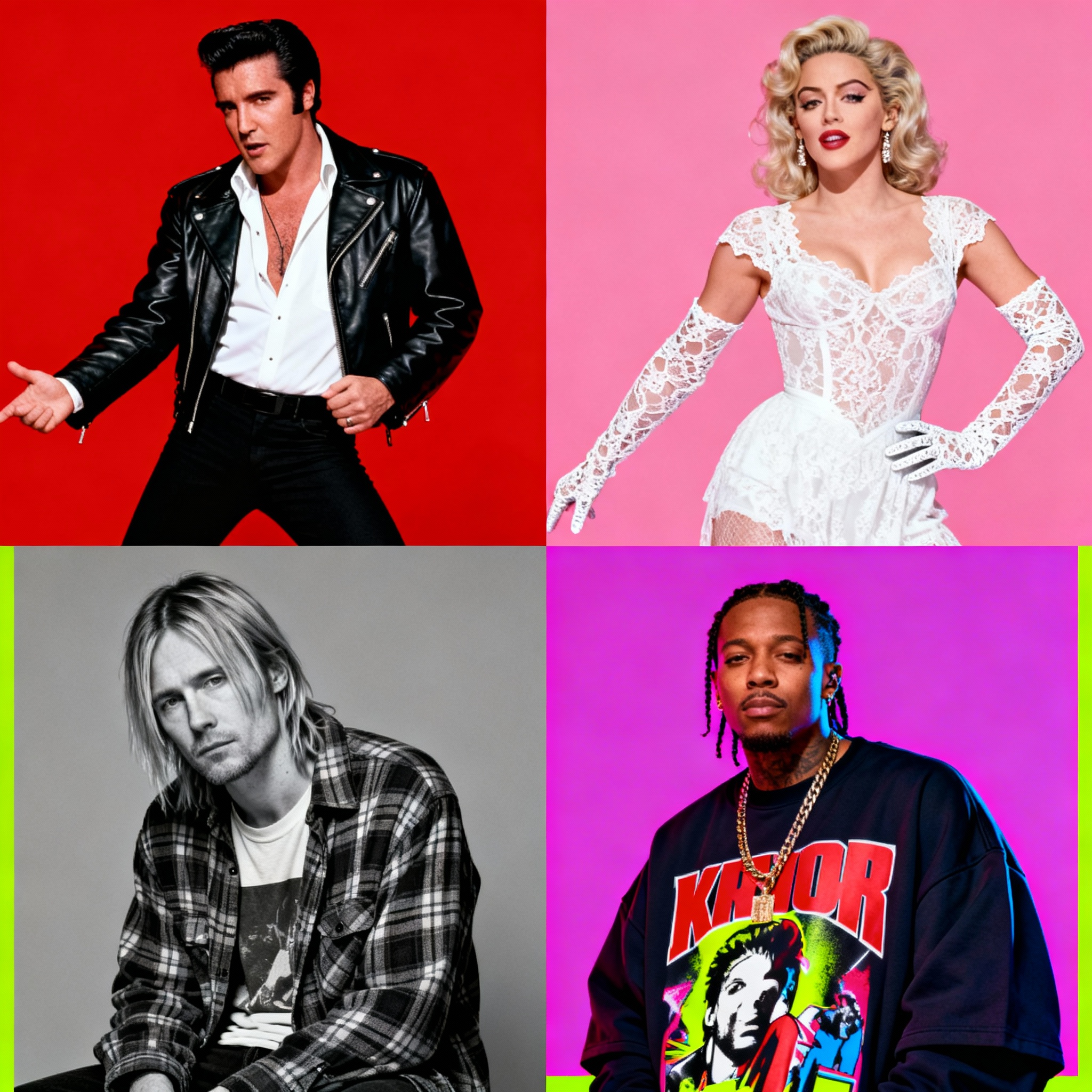 Stylized editorial image featuring a music icon in performance attire reimagined as streetwear—blending bold textures, layered accessories, and expressive poses. The composition captures the transformation of stage presence into everyday fashion, highlighting how artists influence cultural style beyond the spotlight
