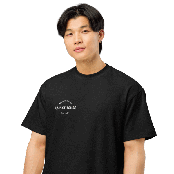 Front-facing view of a men’s box-fit t-shirt in solid black, featuring a structured silhouette, relaxed sleeves, and classic crew neckline. Set against a neutral background, the shirt’s deep tone and clean lines reflect Rap Stitches’ music-inspired streetwear—combining everyday comfort with bold, minimalist style