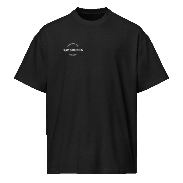 Front-facing view of a men’s box-fit t-shirt in solid black, featuring a structured silhouette, relaxed sleeves, and classic crew neckline. Set against a neutral background, the shirt’s deep tone and minimalist design reflect Rap Stitches’ music-inspired streetwear—combining everyday comfort with bold, understated style.