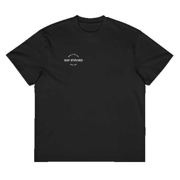 Front-facing view of a men’s box-fit t-shirt in solid black, featuring a structured silhouette, relaxed sleeves, and classic crew neckline. Set against a neutral background, the shirt’s deep tone and clean lines reflect Rap Stitches’ music-inspired streetwear—combining everyday comfort with bold, minimalist style