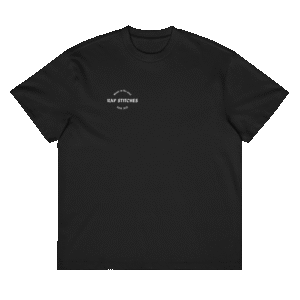 Front-facing view of a men’s box-fit t-shirt in solid black, featuring a structured silhouette, relaxed sleeves, and classic crew neckline. Set against a neutral background, the shirt’s deep tone and clean lines reflect Rap Stitches’ music-inspired streetwear—combining everyday comfort with bold, minimalist style