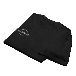 Front-facing view of a men’s box-fit t-shirt in solid black, featuring a structured silhouette, relaxed sleeves, and classic crew neckline. Set against a neutral background, the shirt’s deep tone and clean lines reflect Rap Stitches’ music-inspired streetwear—combining everyday comfort with bold, minimalist style.