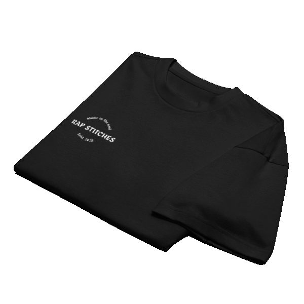 Front-facing view of a men’s box-fit t-shirt in solid black, featuring a structured silhouette, relaxed sleeves, and classic crew neckline. Set against a neutral background, the shirt’s deep tone and clean lines reflect Rap Stitches’ music-inspired streetwear—combining everyday comfort with bold, minimalist style.