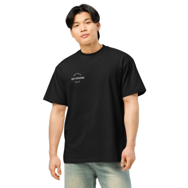 Front-facing view of a men’s box-fit t-shirt in solid black, featuring a structured silhouette, relaxed sleeves, and classic crew neckline. Set against a neutral background, the shirt’s deep tone and clean lines reflect Rap Stitches’ music-inspired streetwear—fusing everyday comfort with bold, minimalist style.