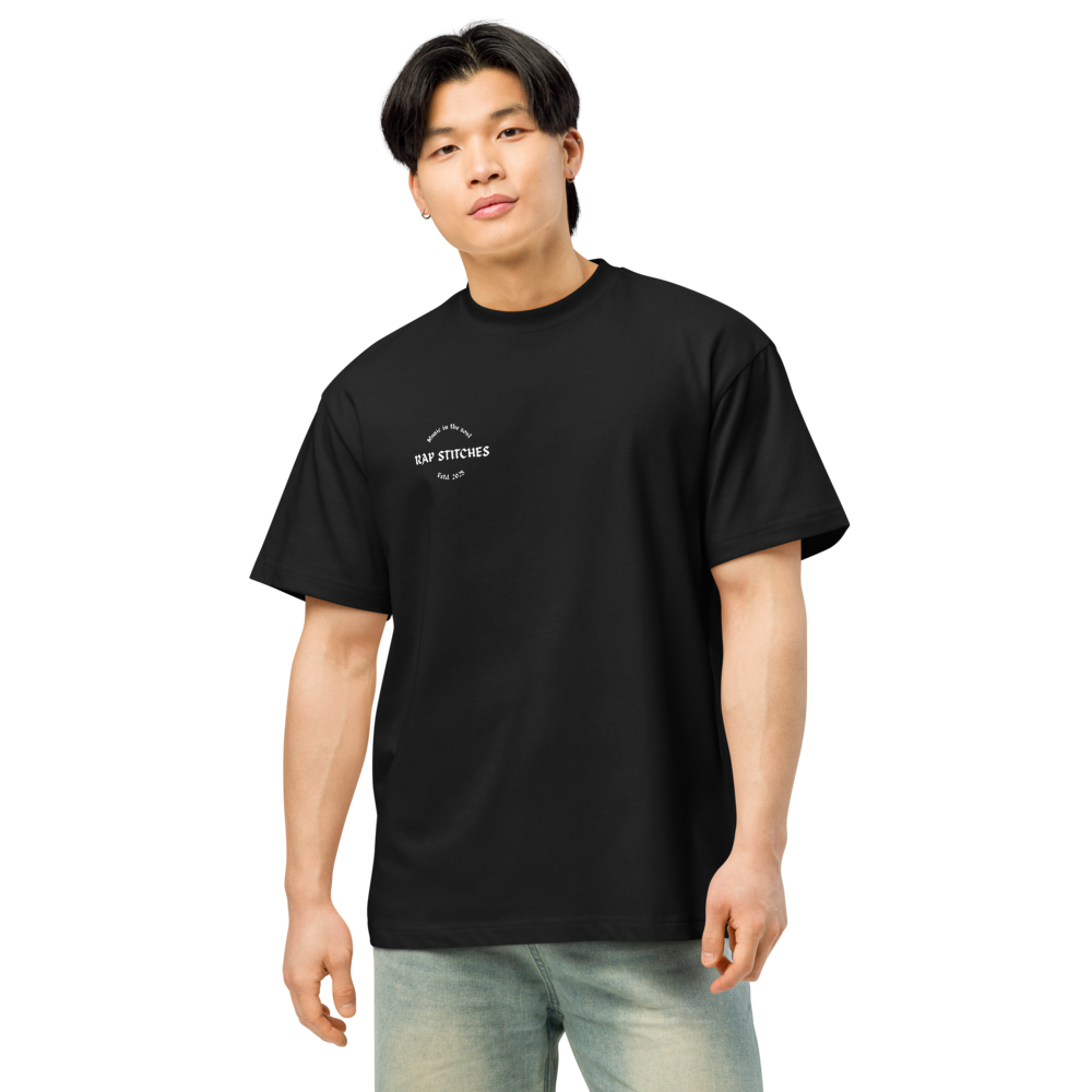 Front-facing view of a men’s box-fit t-shirt in solid black, featuring a structured silhouette, relaxed sleeves, and classic crew neckline. Set against a neutral background, the shirt’s deep tone and clean lines reflect Rap Stitches’ music-inspired streetwear—fusing everyday comfort with bold, minimalist style.