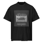 Front-facing view of a black men’s box-fit t-shirt with a structured silhouette and classic crew neckline. Set against a neutral background, the shirt’s deep tone and clean lines reflect the bold, minimalist aesthetic of the “Good Kid Maad City” collection—capturing lyrical grit and urban fashion in a sleek, wearable form.