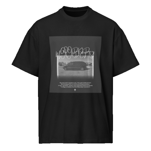 Front-facing view of a black men’s box-fit t-shirt with a structured silhouette and classic crew neckline. Set against a neutral background, the shirt’s deep tone and clean lines reflect the bold, minimalist aesthetic of the “Good Kid Maad City” collection—capturing lyrical grit and urban fashion in a sleek, wearable form.