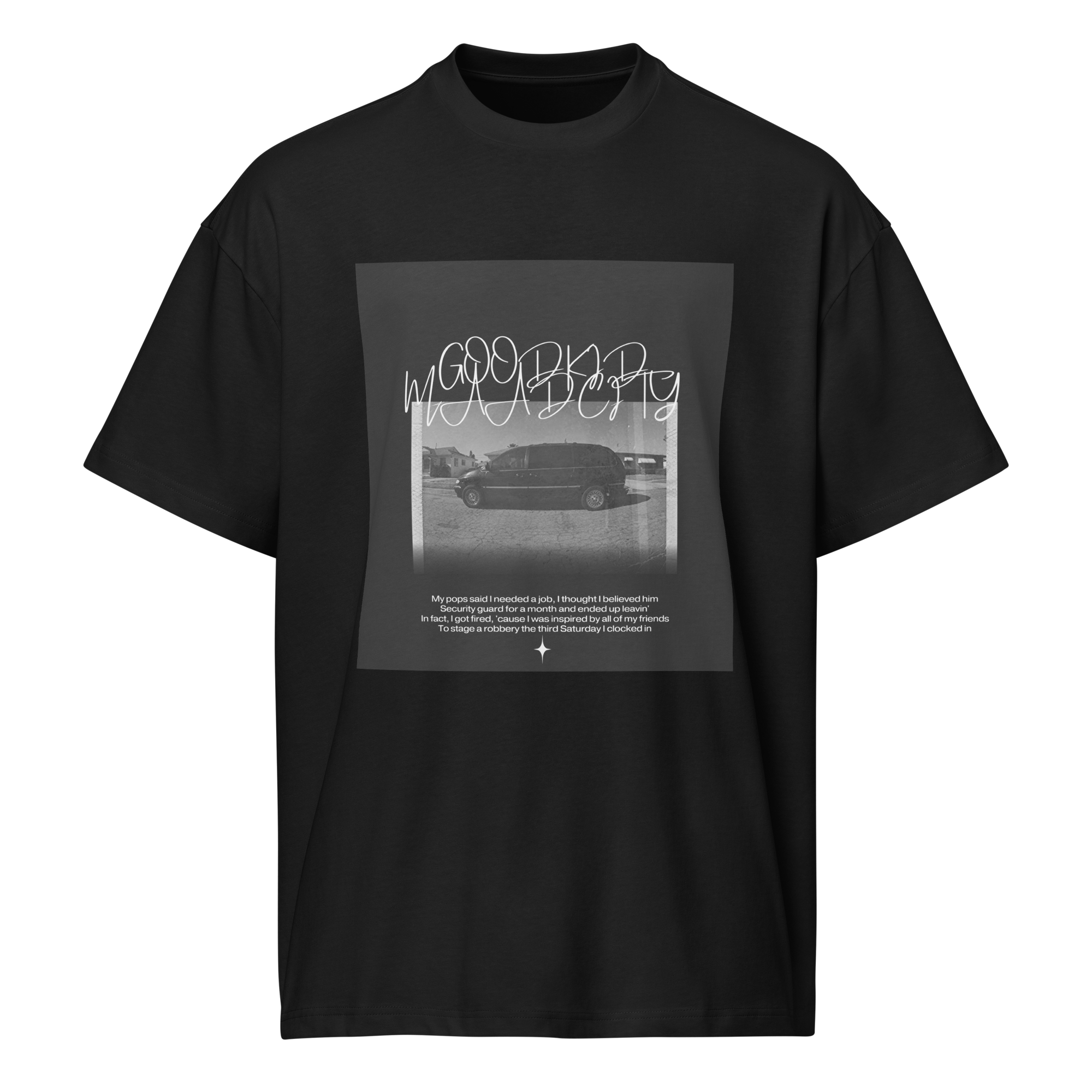 Front-facing view of a black men’s box-fit t-shirt with a structured silhouette and classic crew neckline. Set against a neutral background, the shirt’s deep tone and clean lines reflect the bold, minimalist aesthetic of the “Good Kid Maad City” collection—capturing lyrical grit and urban fashion in a sleek, wearable form.
