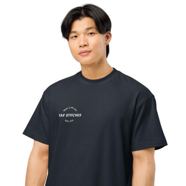 Portrait view of a person wearing a men’s box-fit t-shirt in navy blue, featuring a structured silhouette, relaxed sleeves, and classic crew neckline. Set against a neutral background, the shirt’s deep tone and clean lines reflect Rap Stitches’ music-inspired streetwear—merging everyday comfort with bold, minimalist style.