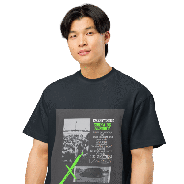 Front-facing view of a navy blue men’s box-fit t-shirt with a structured silhouette and classic crew neckline. Set against a neutral background, the shirt’s bold color and clean lines embody the reassuring, minimalist vibe of the “Everything gonna be alright” collection—fusing lyrical optimism with urban fashion sensibility