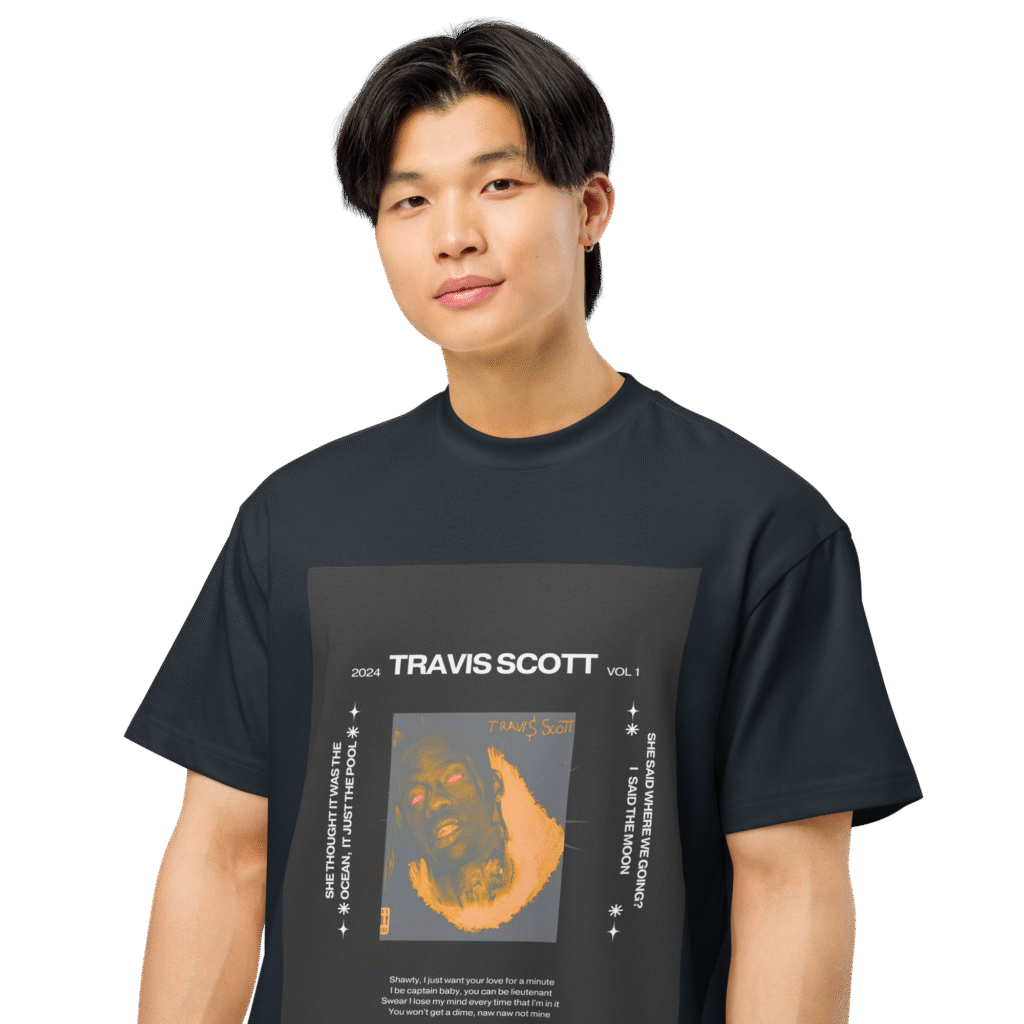 Front-facing view of a navy blue men’s box-fit t-shirt with a structured silhouette and classic crew neckline. Set against a neutral background, the shirt’s bold color and clean lines reflect the confident, minimalist aesthetic of the Designer Travis Scott series—fusing urban fashion with music-inspired design.