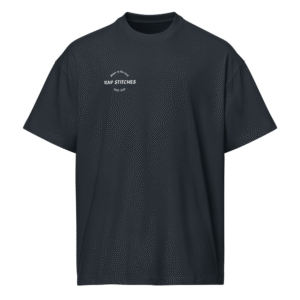 Front-facing view of a men’s box-fit t-shirt in navy blue, featuring a structured silhouette, relaxed sleeves, and classic crew neckline. Set against a neutral background, the shirt’s deep tone and minimalist design reflect Rap Stitches’ music-inspired streetwear—merging everyday comfort with bold, understated style.