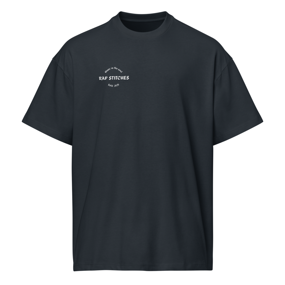 Front-facing view of a men’s box-fit t-shirt in navy blue, featuring a structured silhouette, relaxed sleeves, and classic crew neckline. Set against a neutral background, the shirt’s deep tone and minimalist design reflect Rap Stitches’ music-inspired streetwear—merging everyday comfort with bold, understated style.