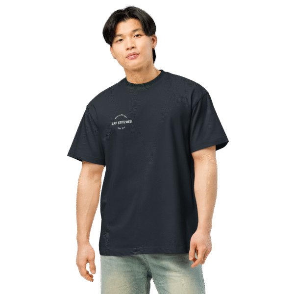 Front-facing view of a men’s box-fit t-shirt in navy blue, featuring a structured silhouette, relaxed sleeves, and classic crew neckline. Set against a neutral background, the shirt’s deep tone and minimalist design reflect Rap Stitches’ music-inspired streetwear—merging everyday comfort with bold, understated style.