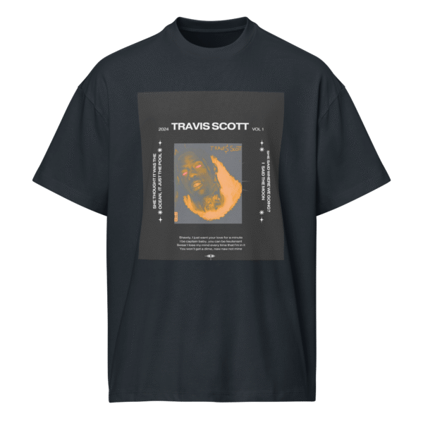 Front-facing view of a navy blue men’s box-fit t-shirt with a structured silhouette and classic crew neckline. Set against a neutral background, the shirt’s bold color and clean lines reflect the confident, minimalist aesthetic of the Designer Travis Scott series—fusing urban fashion with music-inspired design.