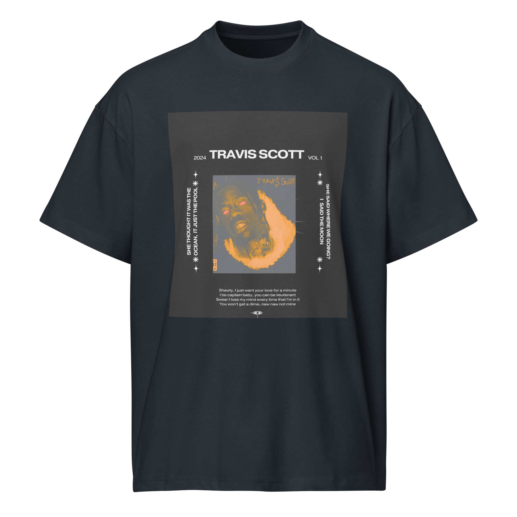 Front-facing view of a navy blue men’s box-fit t-shirt with a structured silhouette and classic crew neckline. Set against a neutral background, the shirt’s bold color and clean lines reflect the confident, minimalist aesthetic of the Designer Travis Scott series—fusing urban fashion with music-inspired design.
