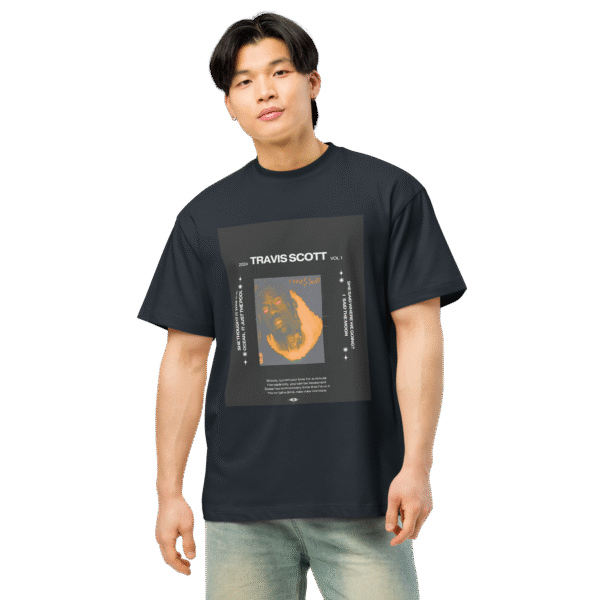 Front-facing view of a navy blue men’s box-fit t-shirt with a structured silhouette and classic crew neckline. Displayed against a neutral background, the shirt’s bold color and clean lines reflect the confident, minimalist aesthetic of the Designer Travis Scott series—fusing urban fashion with music-inspired design.