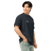 Right-front angled view of a men’s box-fit t-shirt in navy blue, featuring a structured silhouette and classic crew neckline. Displayed against a neutral background, the shirt’s deep tone and clean lines reflect Rap Stitches’ music-inspired streetwear—merging everyday comfort with bold, minimalist style.
