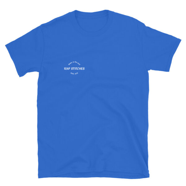 Front-facing view of a unisex royal blue softstyle t-shirt featuring a structured silhouette and classic crew neckline. Displayed against a neutral background, the shirt’s vibrant color and clean design reflect Rap Stitches’ music-inspired streetwear—merging everyday comfort with bold, minimalist branding.