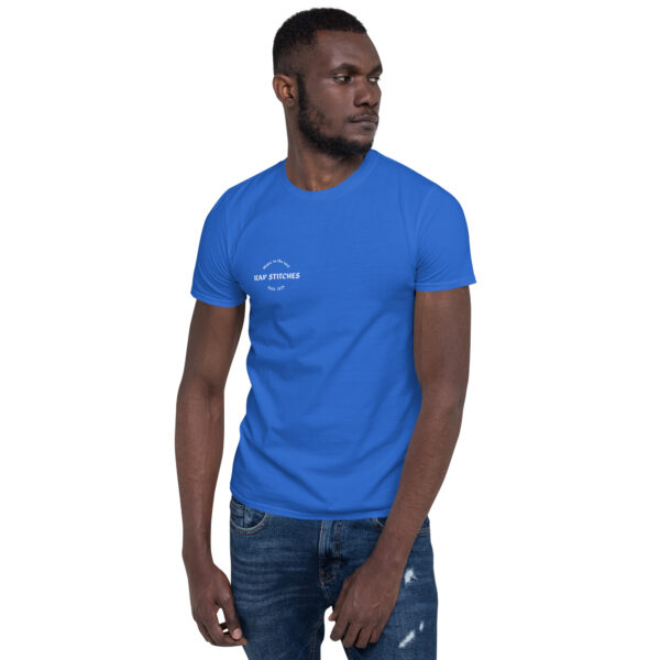 Front-facing view of a unisex royal blue softstyle t-shirt with a structured silhouette and classic crew neckline. Displayed against a neutral background, the shirt’s vibrant color and minimalist design reflect Rap Stitches’ music-inspired streetwear—merging everyday comfort with bold, understated style.