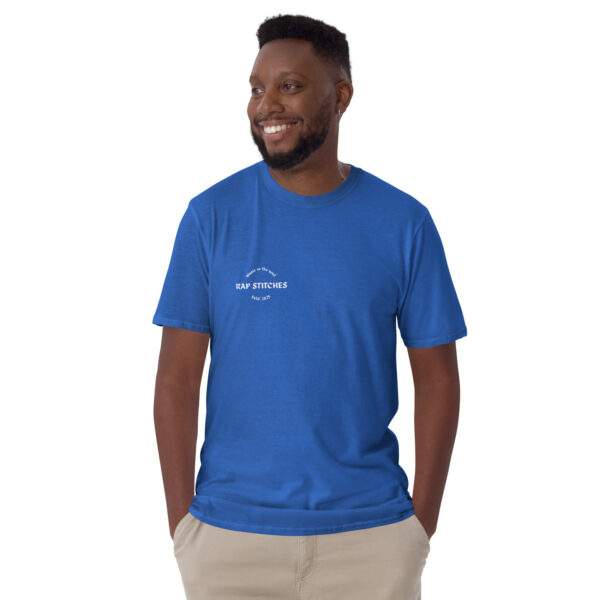 Front-facing view of a unisex royal blue softstyle t-shirt with a structured silhouette and classic crew neckline. Displayed against a neutral background, the shirt’s vibrant color and minimalist design reflect Rap Stitches’ music-inspired streetwear—blending everyday comfort with bold, understated style.