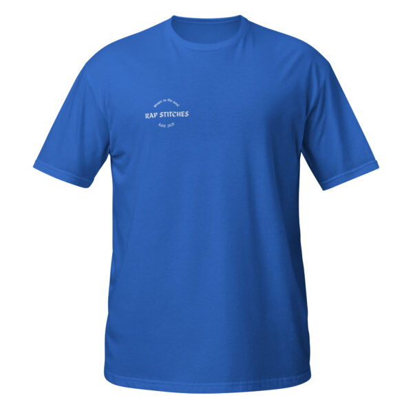 Front-facing view of a unisex royal blue softstyle t-shirt with a structured silhouette and classic crew neckline. Set against a neutral background, the shirt’s vibrant color and clean design reflect Rap Stitches’ music-inspired streetwear—merging everyday comfort with bold, minimalist style.