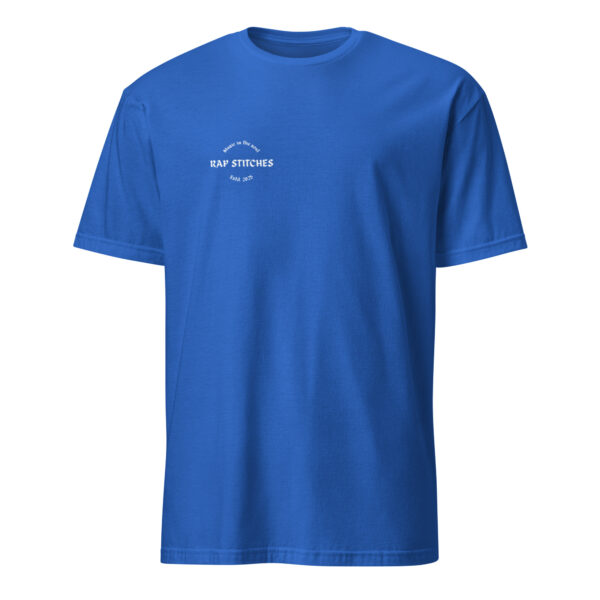 Front-facing view of a unisex royal blue softstyle t-shirt with a structured silhouette and classic crew neckline. Displayed against a neutral background, the shirt’s vibrant color and minimalist design reflect Rap Stitches’ music-inspired streetwear—blending everyday comfort with bold, understated style.