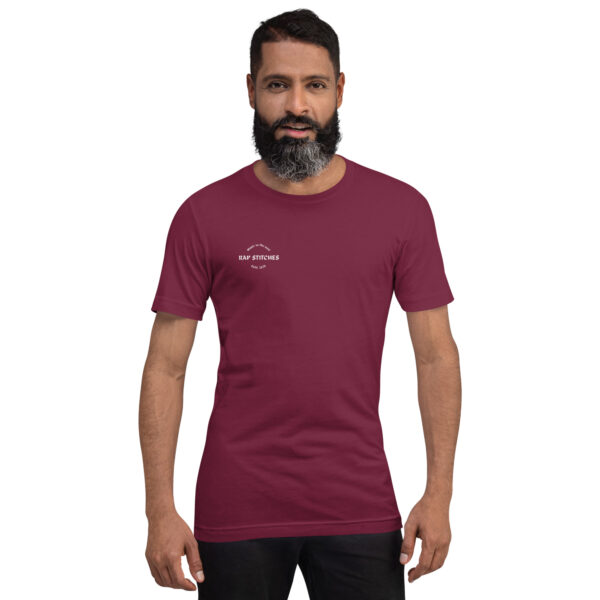 Front-facing view of a unisex maroon staple t-shirt with a structured silhouette and classic crew neckline. Displayed against a neutral background, the shirt’s rich color and minimalist design reflect Rap Stitches’ music-inspired streetwear—blending everyday comfort with bold, understated style.