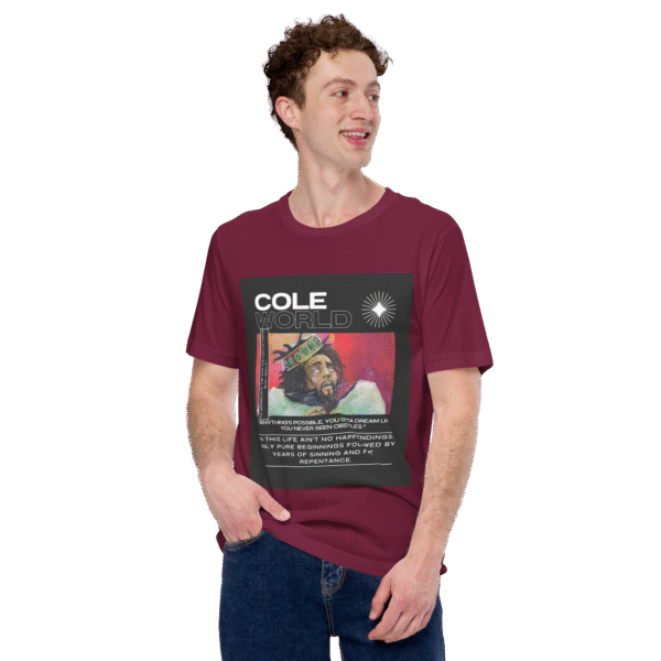 Front-facing view of a maroon unisex staple t-shirt with a relaxed fit and classic crew neckline. Displayed against a neutral background, the shirt’s smooth texture and rich color reflect the introspective, minimalist aesthetic of the Cole World designer series—merging lyrical storytelling with everyday streetwear appeal.