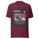 Front-facing view of a maroon unisex staple t-shirt with a relaxed fit and classic crew neckline. Set against a neutral background, the shirt’s smooth texture and deep color reflect the minimalist, introspective tone of the Cole World designer series—blending lyrical storytelling with everyday streetwear appeal