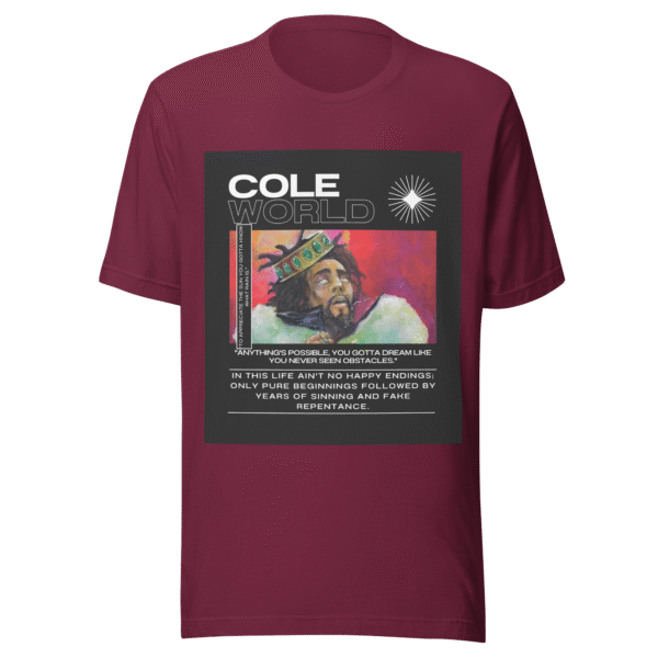 Front-facing view of a maroon unisex staple t-shirt with a relaxed fit and classic crew neckline. Set against a neutral background, the shirt’s smooth texture and deep color reflect the minimalist, introspective tone of the Cole World designer series—blending lyrical storytelling with everyday streetwear appeal