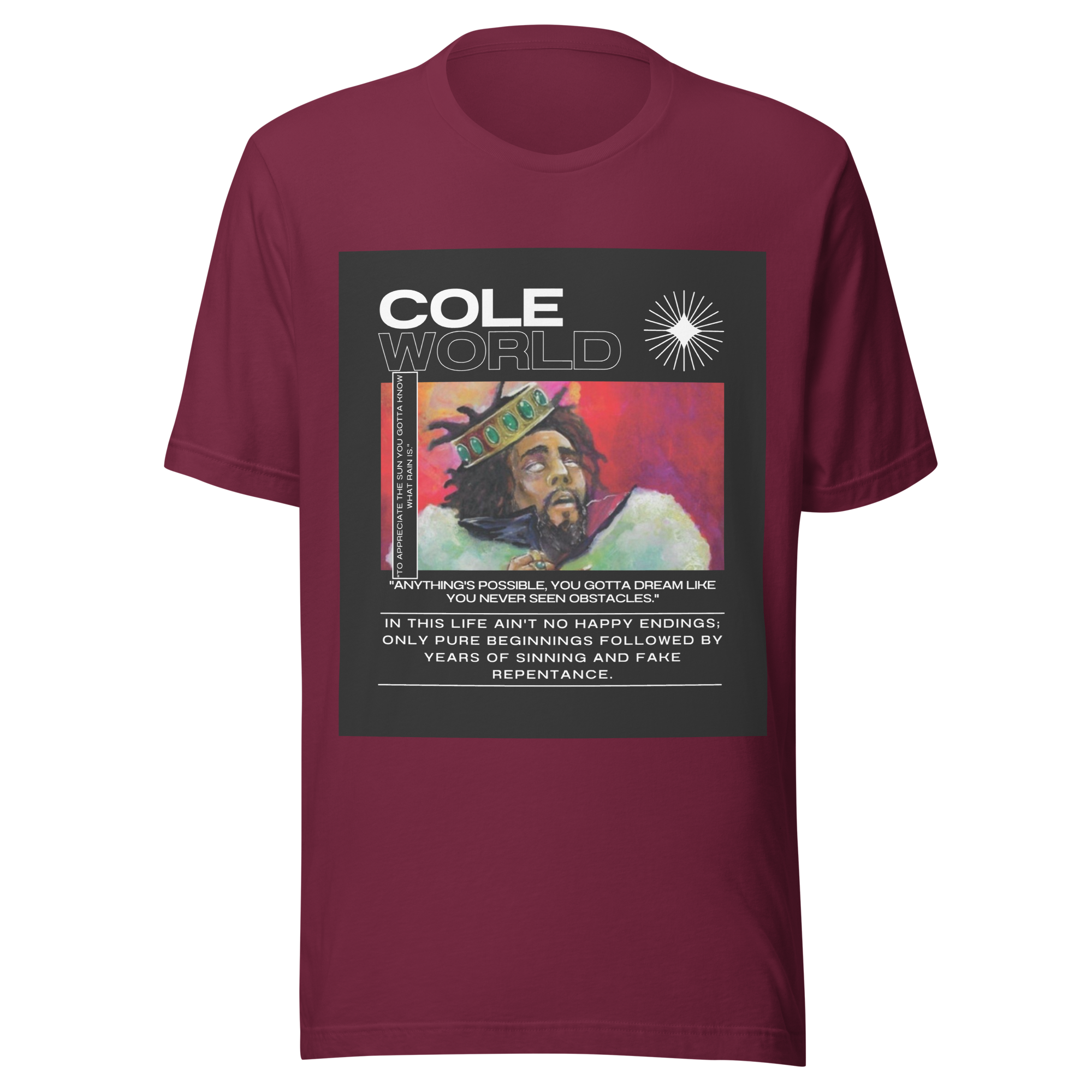 Front-facing view of a maroon unisex staple t-shirt with a relaxed fit and classic crew neckline. Set against a neutral background, the shirt’s smooth texture and deep color reflect the minimalist, introspective tone of the Cole World designer series—blending lyrical storytelling with everyday streetwear appeal
