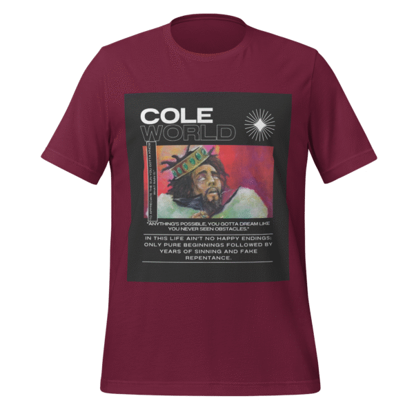 Front-facing view of a maroon unisex staple t-shirt with a classic crew neckline and relaxed fit. Set against a neutral background, the shirt’s smooth texture and deep color reflect the minimalist, introspective vibe of the Cole World designer series—blending everyday wearability with lyrical depth.