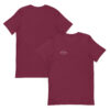 Side-by-side front and back views of a unisex maroon staple t-shirt featuring a structured silhouette and classic crew neckline. Displayed against a neutral background, the shirt’s rich color and clean lines reflect Rap Stitches’ music-inspired streetwear—merging everyday comfort with bold, minimalist style.