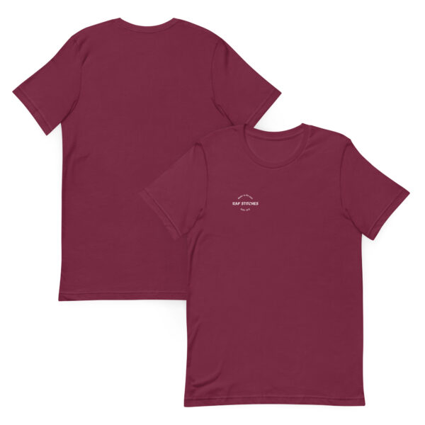 Side-by-side front and back views of a unisex maroon staple t-shirt featuring a structured silhouette and classic crew neckline. Displayed against a neutral background, the shirt’s rich color and clean lines reflect Rap Stitches’ music-inspired streetwear—merging everyday comfort with bold, minimalist style.