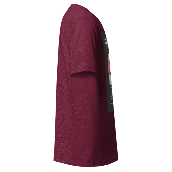 Angled front-right view of a maroon unisex staple t-shirt with a clean silhouette, soft fabric texture, and classic crew neckline. Displayed against a neutral backdrop, highlighting its versatile fit and understated design—part of the Cole World designer series.