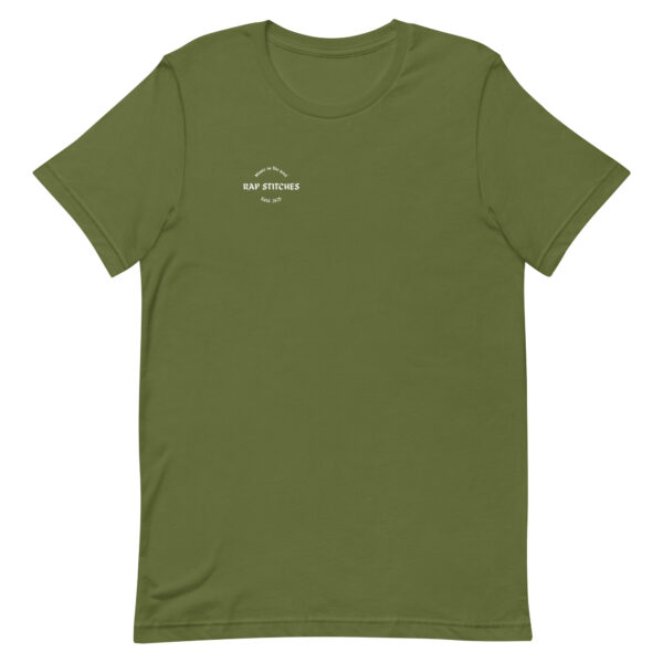 Front-facing view of a unisex olive green staple t-shirt with a structured silhouette and classic crew neckline. Set against a neutral background, the shirt’s earthy tone and clean lines reflect Rap Stitches’ minimalist, music-inspired aesthetic—blending everyday comfort with bold, streetwear sensibility.