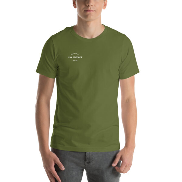 Front-facing view of a unisex olive green staple t-shirt with a structured silhouette and classic crew neckline. Set against a neutral background, the shirt’s earthy tone and clean lines reflect Rap Stitches’ minimalist, music-inspired aesthetic—blending everyday comfort with bold, streetwear sensibility.