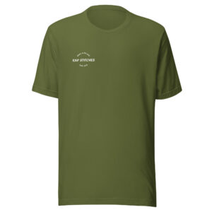 Front-facing view of a unisex olive green staple t-shirt with a structured silhouette and classic crew neckline. Displayed against a neutral background, the shirt’s earthy tone and minimalist design reflect Rap Stitches’ music-inspired streetwear—merging everyday comfort with bold, understated style.