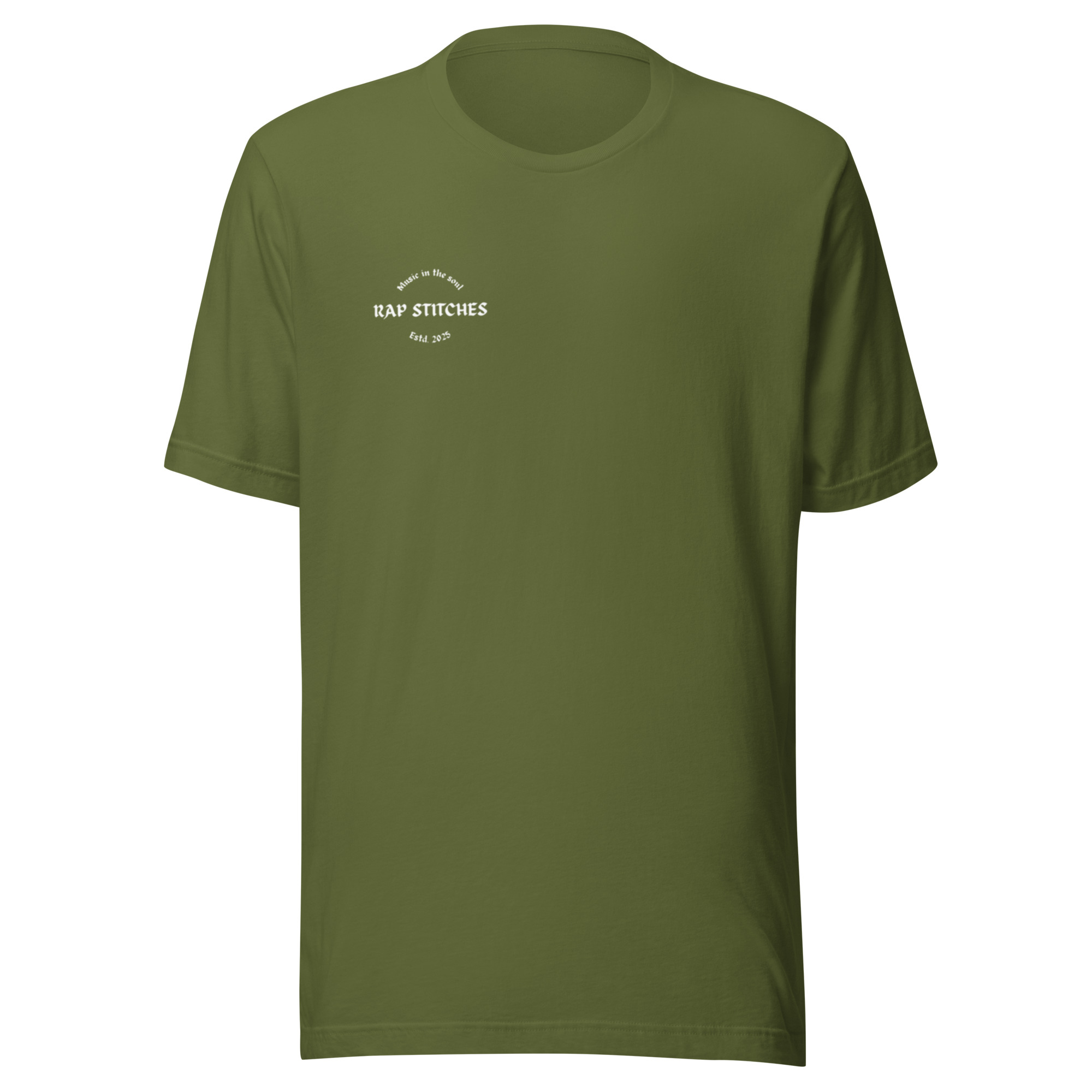 Front-facing view of a unisex olive green staple t-shirt with a structured silhouette and classic crew neckline. Displayed against a neutral background, the shirt’s earthy tone and minimalist design reflect Rap Stitches’ music-inspired streetwear—merging everyday comfort with bold, understated style.