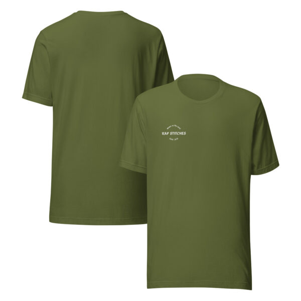 Side-by-side front and back views of a unisex olive green staple t-shirt featuring a structured silhouette and classic crew neckline. Set against a neutral background, the shirt’s earthy tone and clean lines reflect Rap Stitches’ minimalist, music-inspired aesthetic—merging everyday comfort with bold, streetwear sensibility.