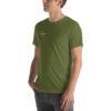 Left-front angled view of a unisex olive green staple t-shirt with a structured silhouette and classic crew neckline. Set against a neutral background, the shirt’s earthy tone and clean lines reflect Rap Stitches’ minimalist, music-inspired aesthetic—blending everyday comfort with bold, streetwear sensibility.