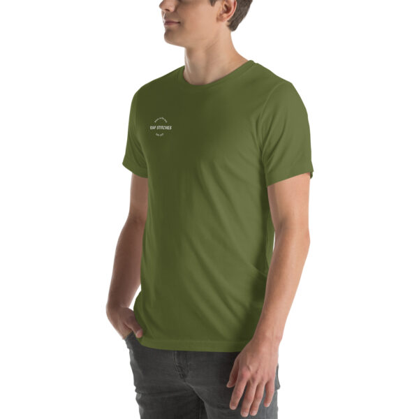 Left-front angled view of a unisex olive green staple t-shirt with a structured silhouette and classic crew neckline. Set against a neutral background, the shirt’s earthy tone and clean lines reflect Rap Stitches’ minimalist, music-inspired aesthetic—blending everyday comfort with bold, streetwear sensibility.